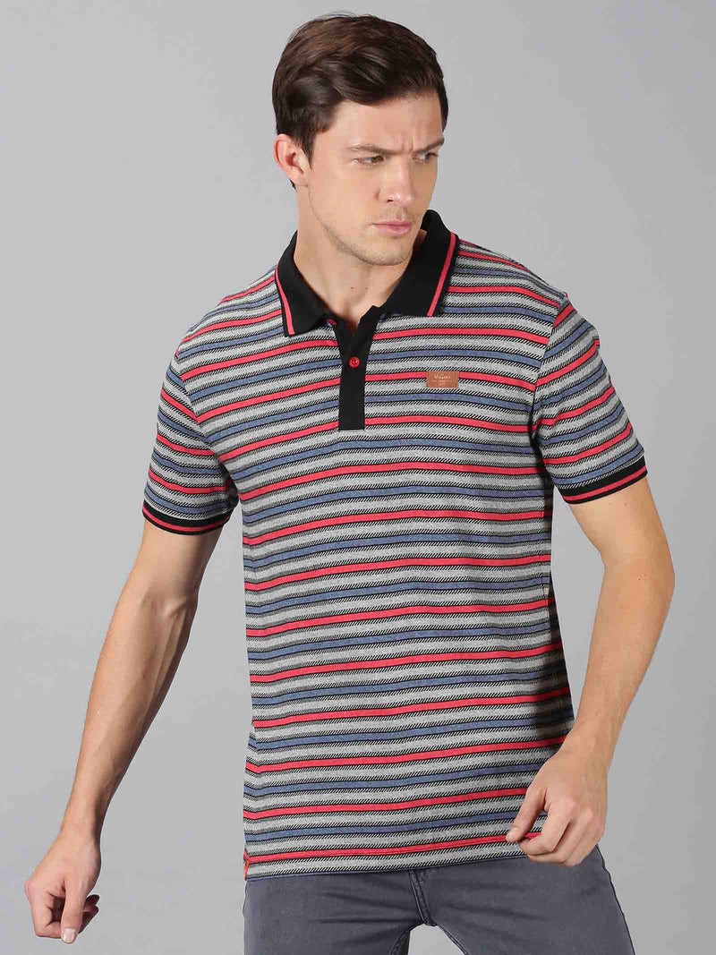 Men Multicolor Striped Polo Neck T-Shirt