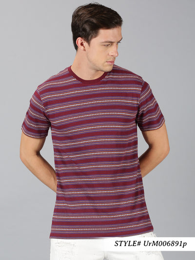 Men Maroon Stripes Round Neck T-Shirt