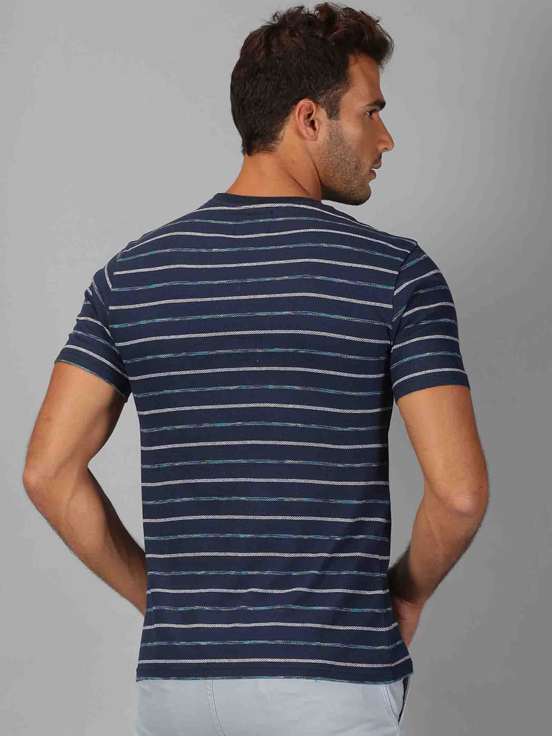 Men Navy Blue Stripes Round Neck T-Shirt