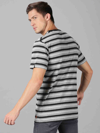Men Grey Stripes Round Neck T-Shirt
