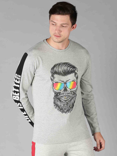 Men Grey Melange Printed Round Neck T-Shirt
