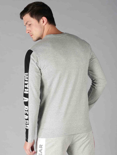 Men Grey Melange Printed Round Neck T-Shirt