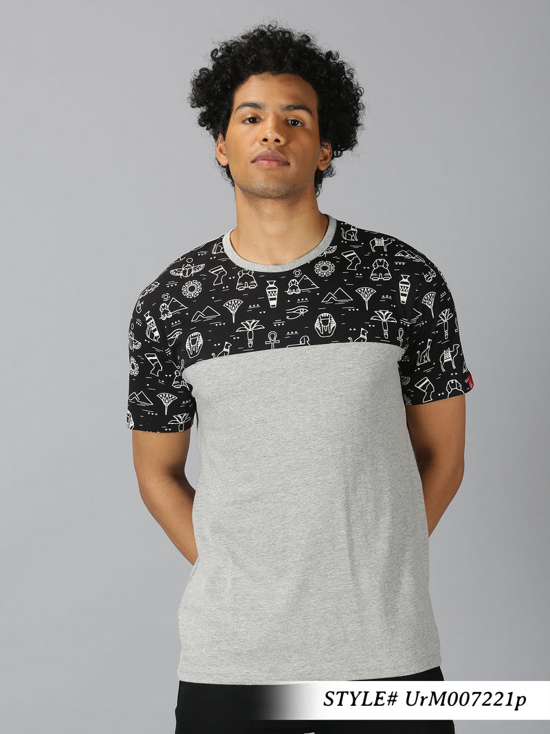 Men Grey Printed Round Neck T-Shirt