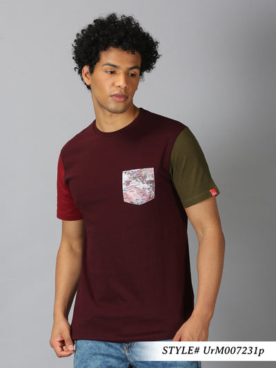 Men Maroon Colourblock Round Neck T-Shirt
