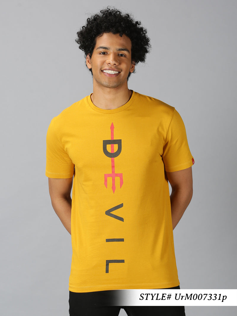 Men Mustard Yellow Typographic Print Casual T-Shirt