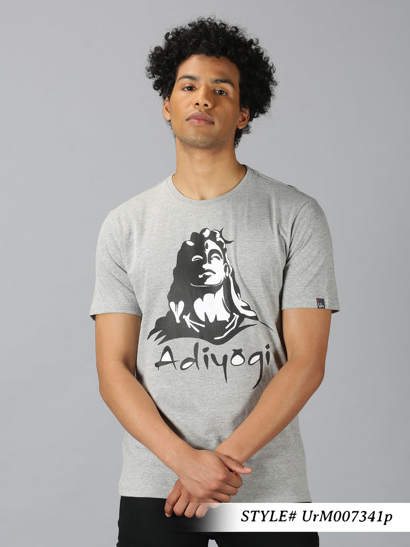 Men Grey Melange Graphic Print Round Neck T-Shirt