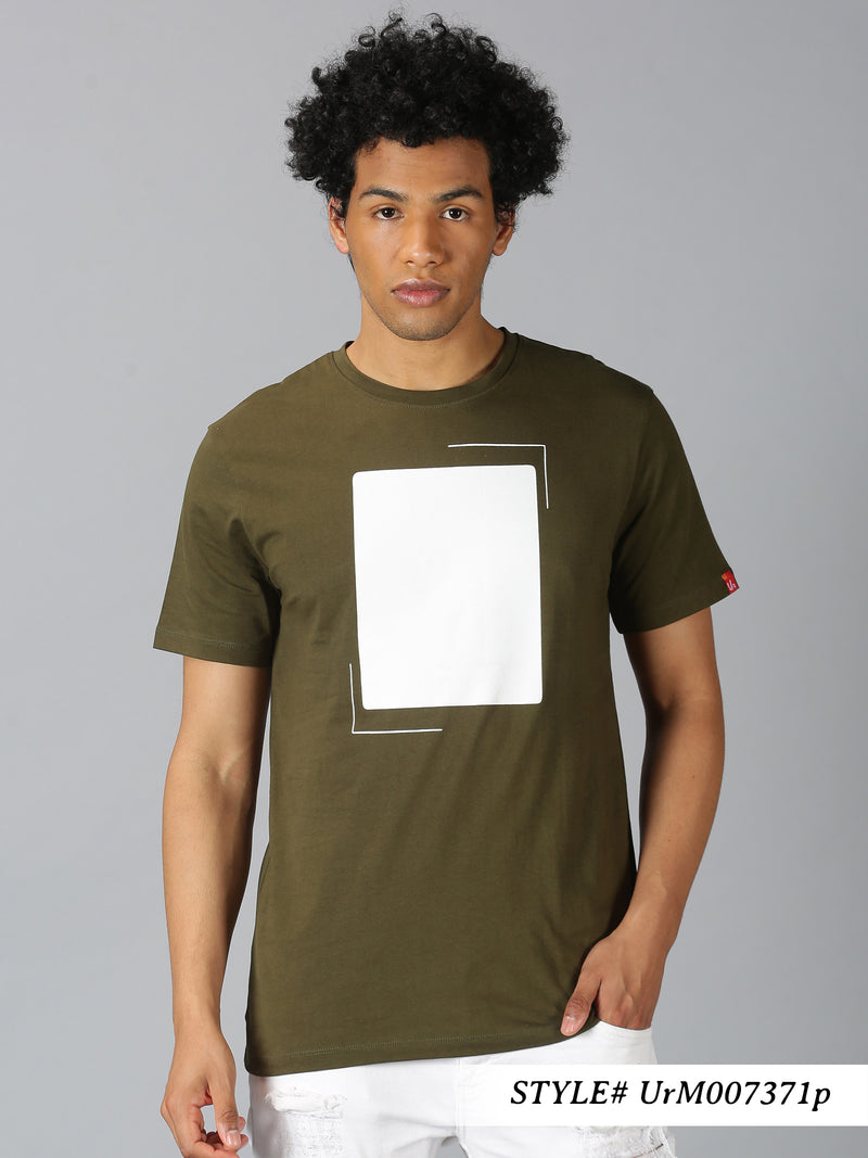 Men Olive Green Printed Round Neck Casual T-Shirt