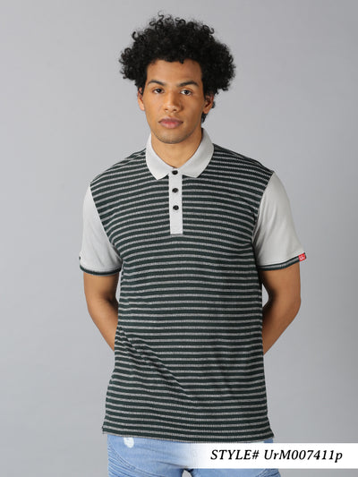 Men Olive Green Striped Casual Polo T-Shirt