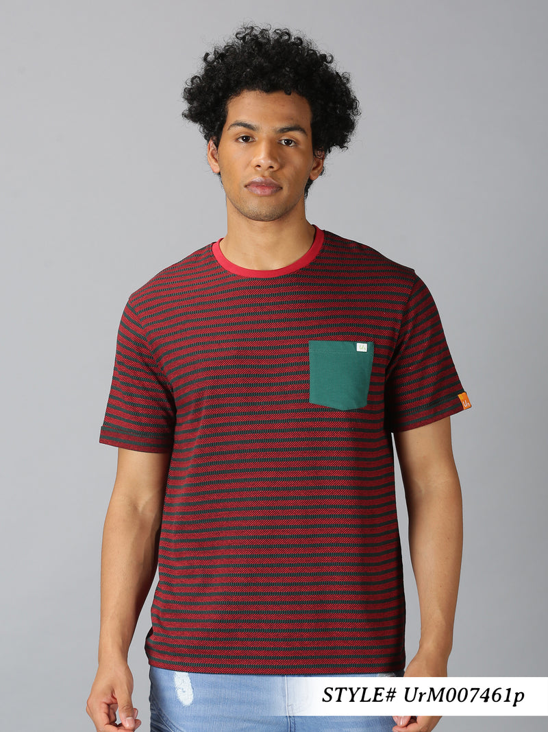 Men Red Striped Round Neck Casual T-Shirt