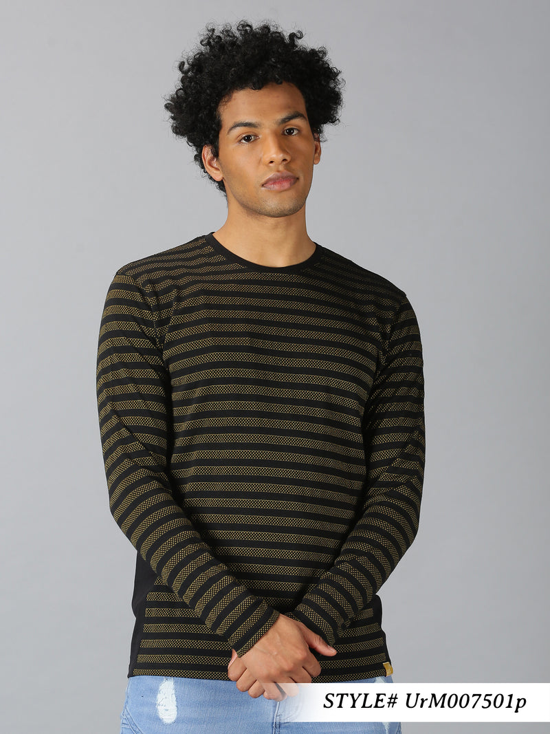Men Black Self Design Round Neck Casual T-Shirt