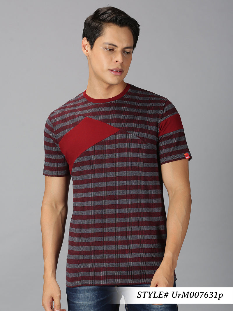 Men Maroon Striped Round Neck Casual T-Shirt