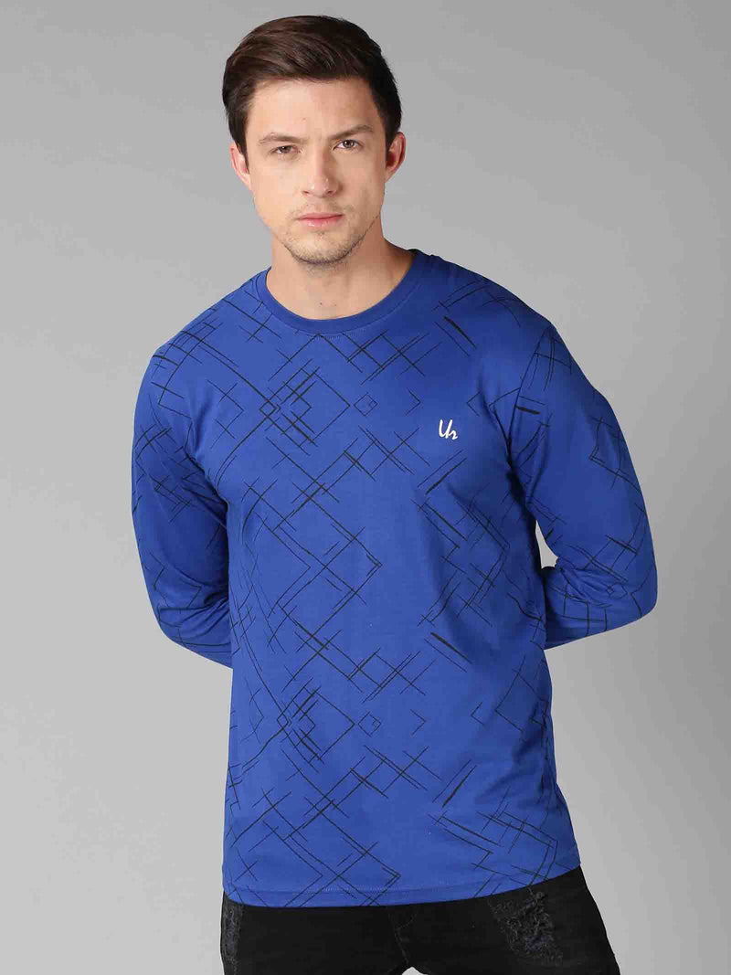 Men Blue Printed Round Neck Casual T-Shirt
