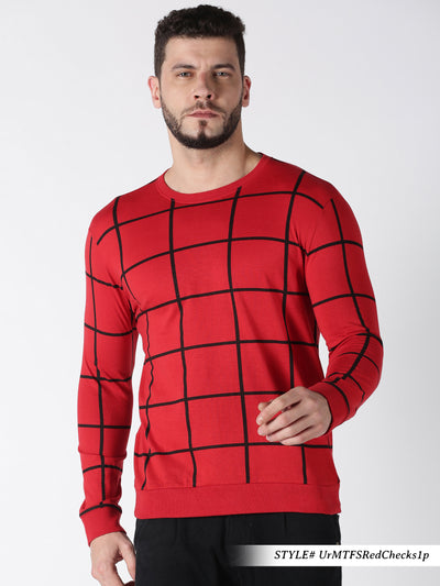 Men Red Checked Round Neck T-Shirt