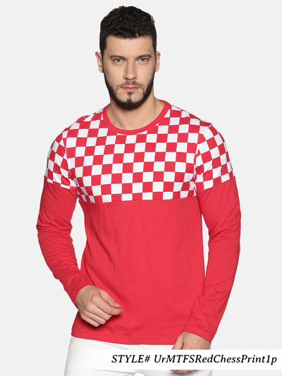 Men Red Chess Print Round Neck Casual T-Shirt