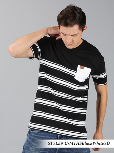 Men Black Striped Round Neck T-Shirt
