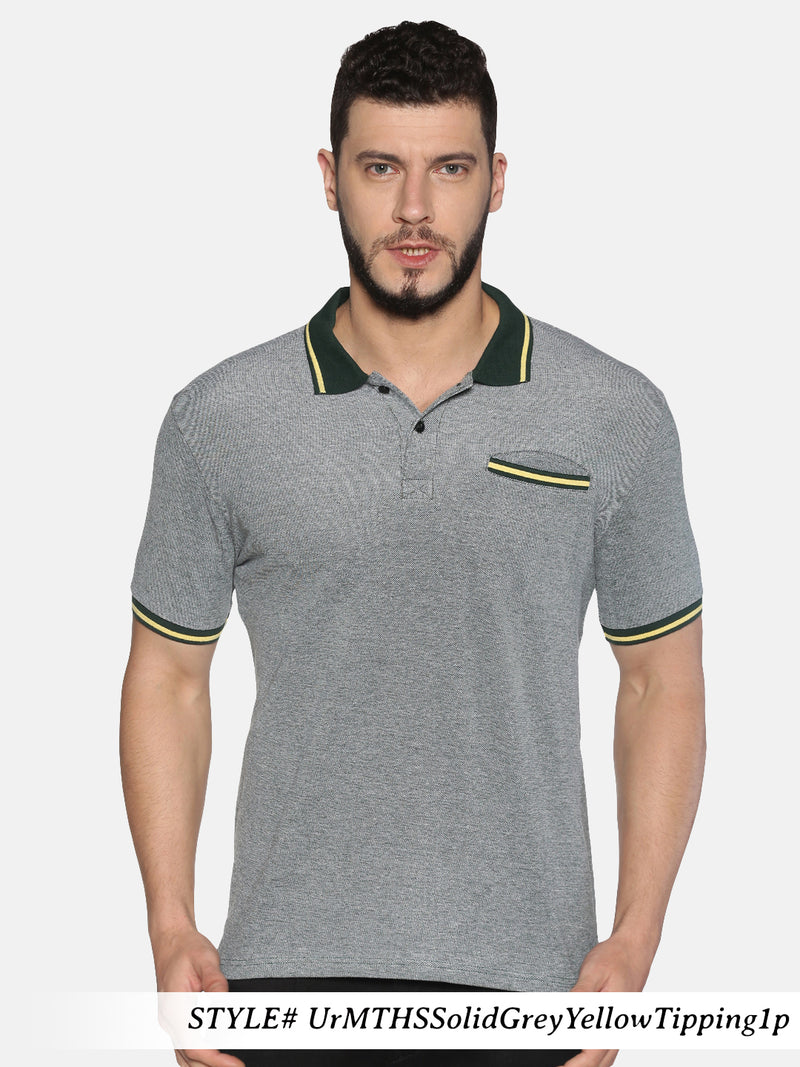 Men Grey Solid Polo Neck T-Shirt