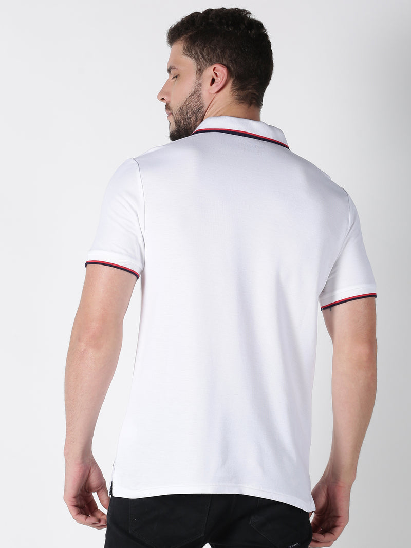Men White Printed Polo Neck Casual T-Shirt