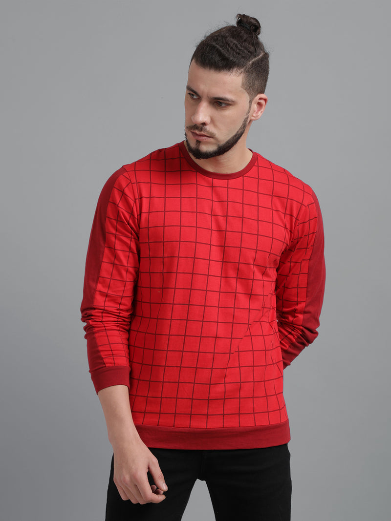 Men Red Checked Round Neck T-Shirt