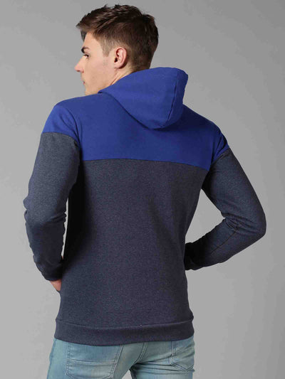 Men Blue Colourblock Hooded Neck Sweatshirt