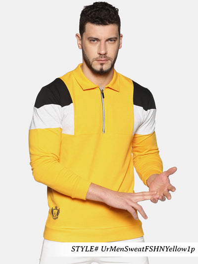 Men Yellow Color Block PoloNeck Sweatshirt
