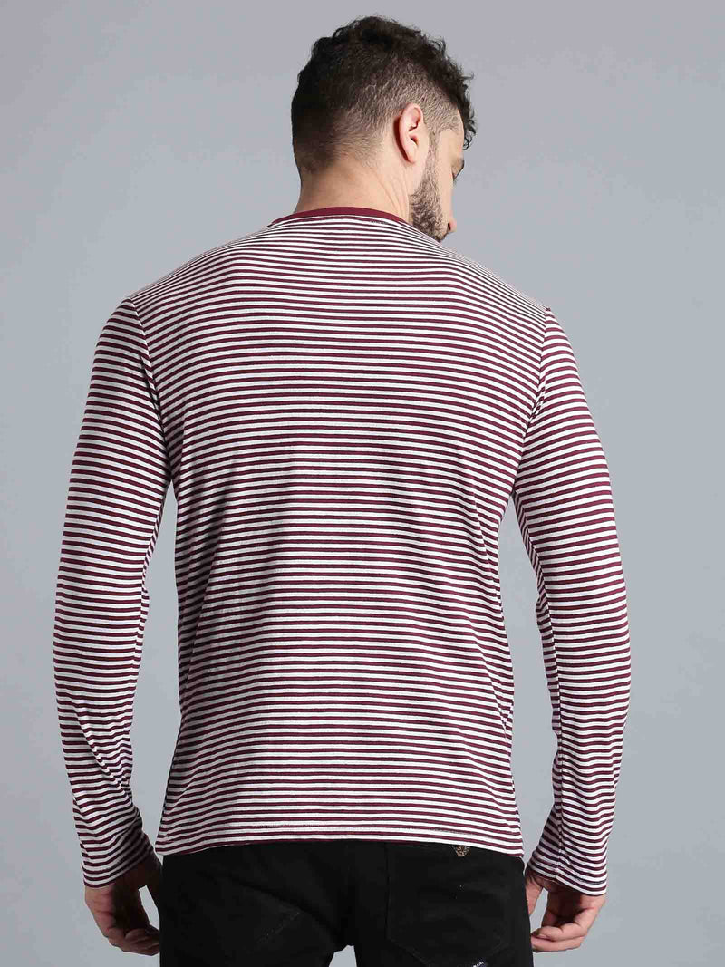 Men Maroon Striped Round Neck Casual T-Shirt