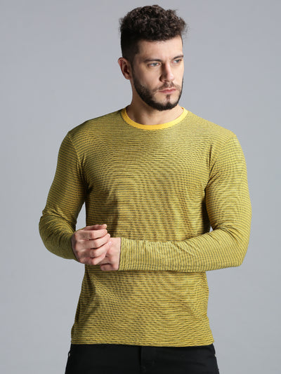 Men Yellow Striped Round Neck Casual T-Shirt