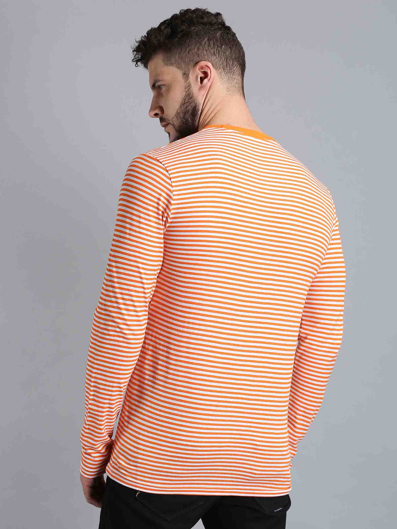 Men Orange Striped Round Neck T-Shirt