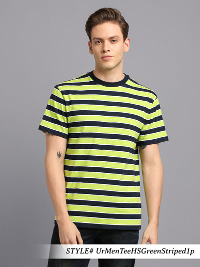 Men Green Striped Round Neck T-Shirt