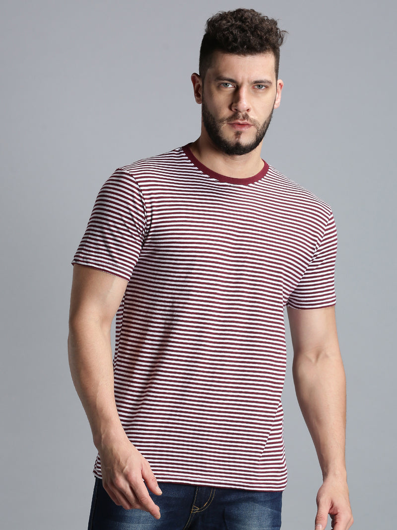 Men Maroon Striped Casual Round Neck T-Shirt