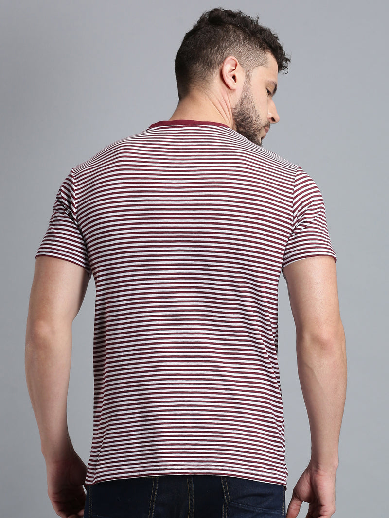 Men Maroon Striped Casual Round Neck T-Shirt