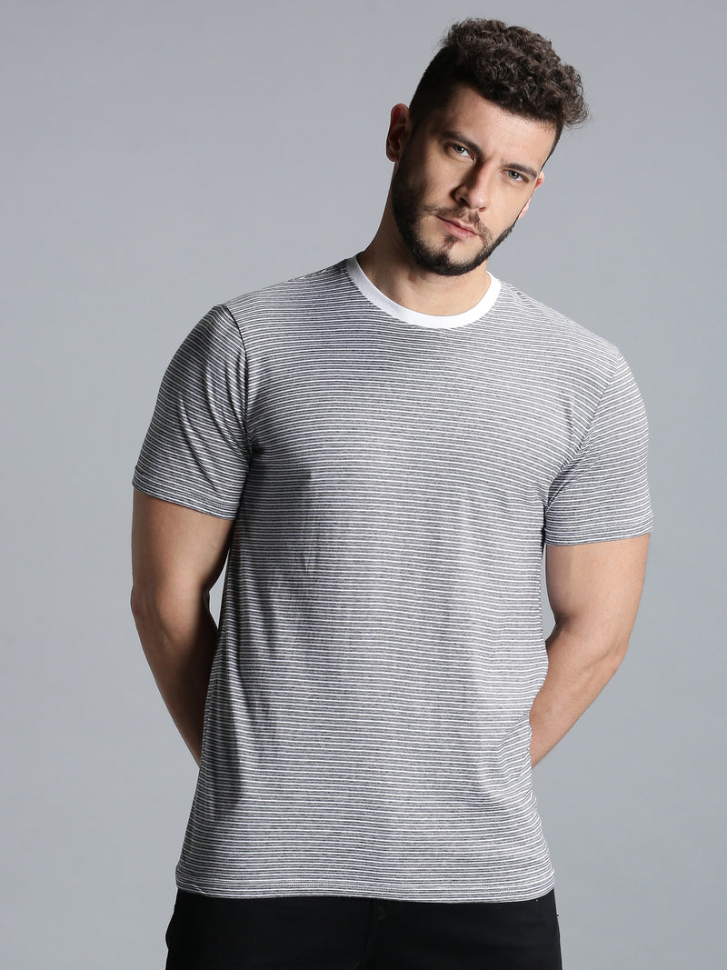 Men Grey Striped Casual Half Sleeve T-Shirt
