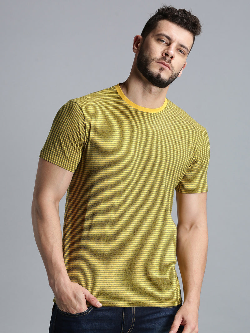 Men Yellow Striped Casual Round Neck T-Shirt