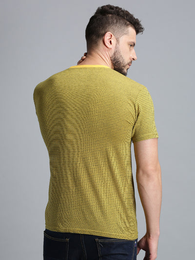 Men Yellow Striped Casual Round Neck T-Shirt