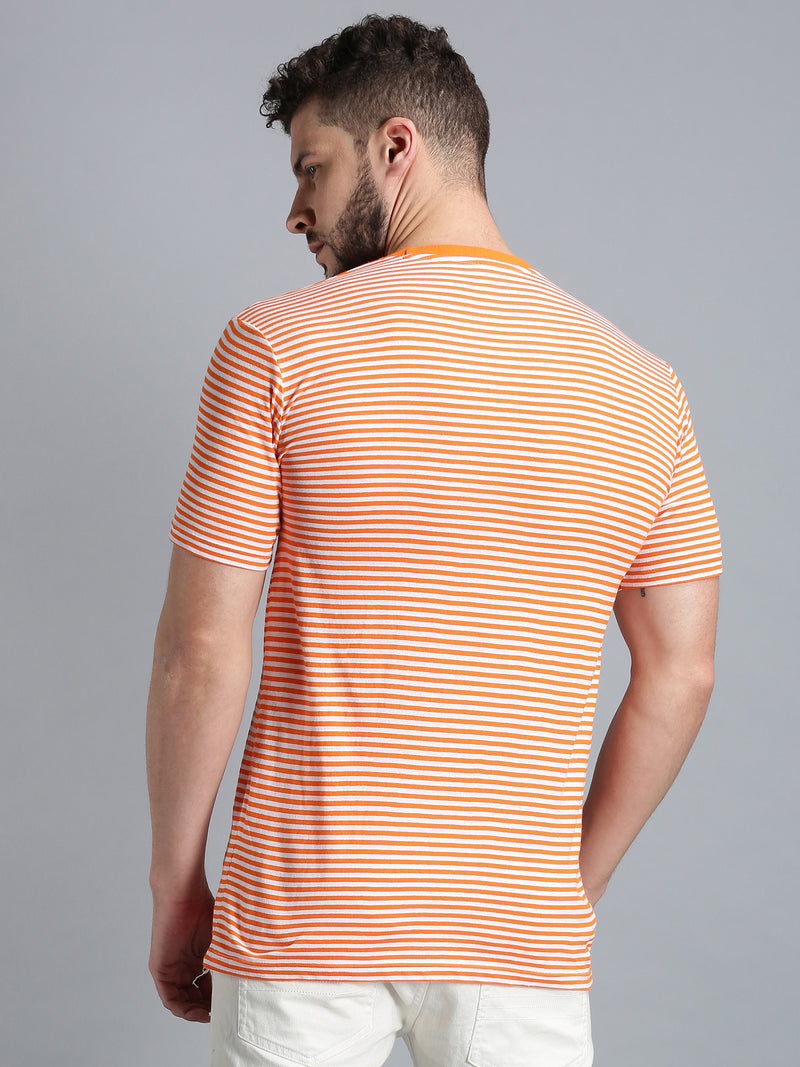 Men Orange Striped Round Neck Casual T-Shirt