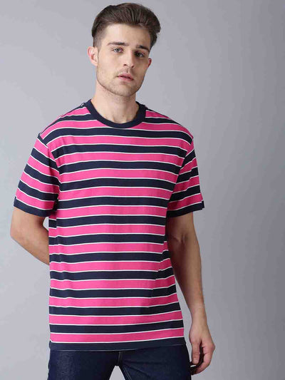 Men Pink Broad Stripes Round Neck T-Shirt