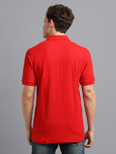 Men Red Solid Polo Neck Casual T-Shirt