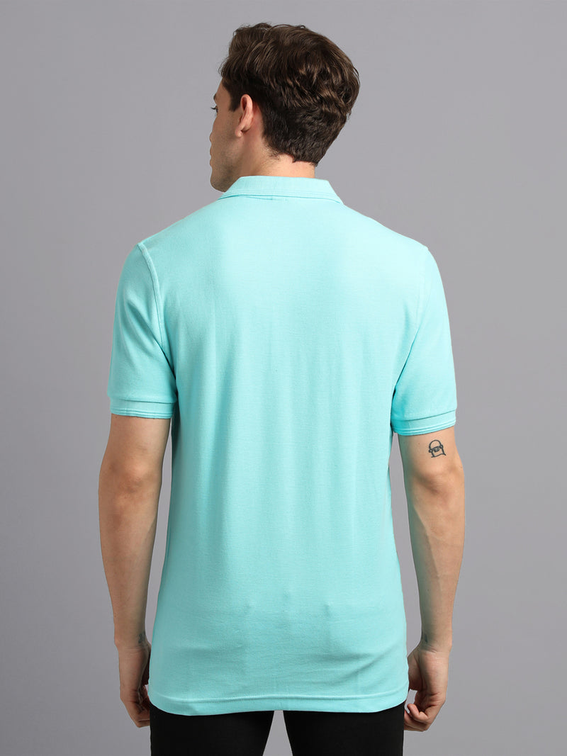 Men Blue Solid Polo Neck T-Shirt