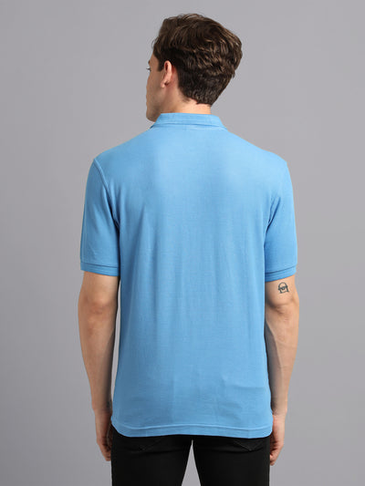 Men Blue Solid Polo Neck Casual T-Shirt