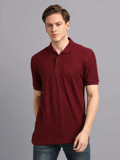 Men Maroon Solid Casual Polo Neck T-Shirt