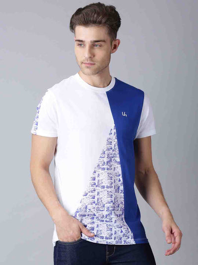 Men White&Blue  Printed Round Neck Casual T-Shirt