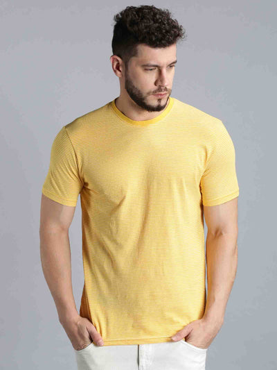 Men Yellow Striped Round Neck T-Shirt