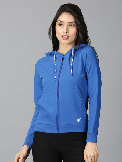Women Blue Solid Hooded Neck Sweatshirt
