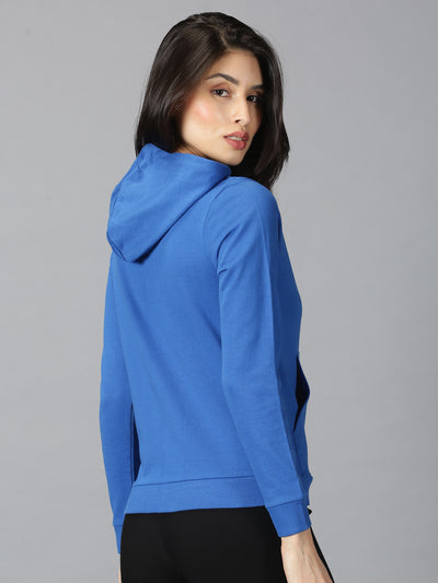 Women Blue Solid Hooded Neck Sweatshirt