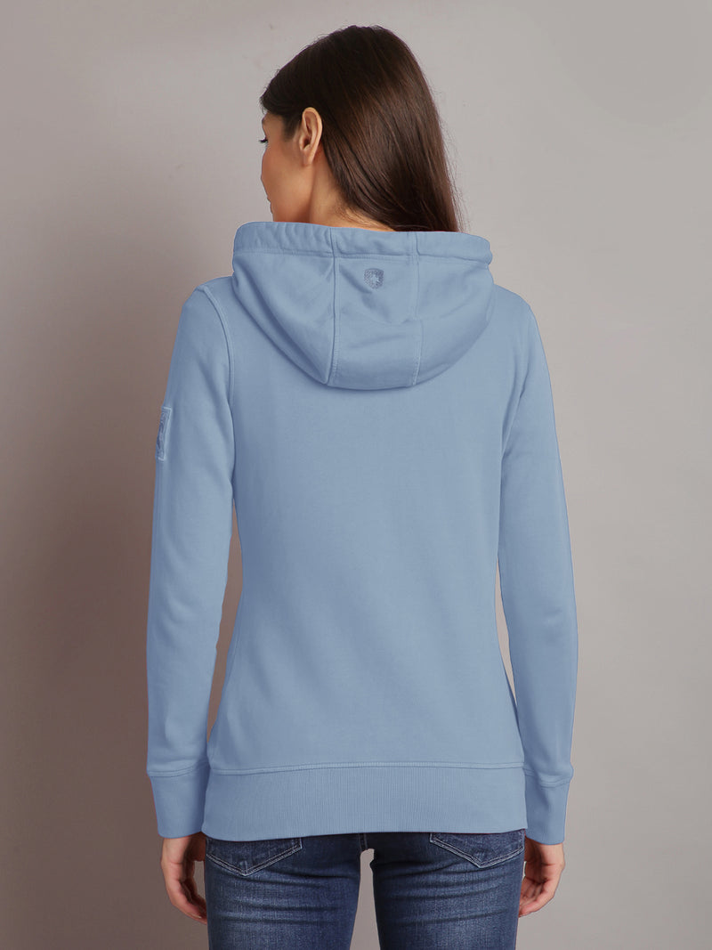 Women Blue Printed Hooded Neck Sweatshirt