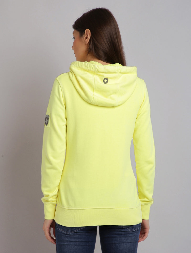 Women Yellow Printed Hooded Neck Sweatshirt