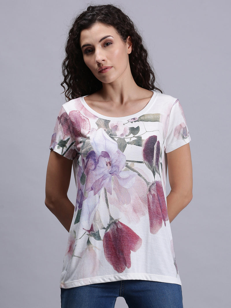 Women Purple Round Neck Floral Print T-Shirt