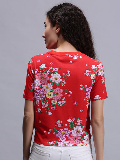 Women Red Floral Print Round Neck T-Shirt