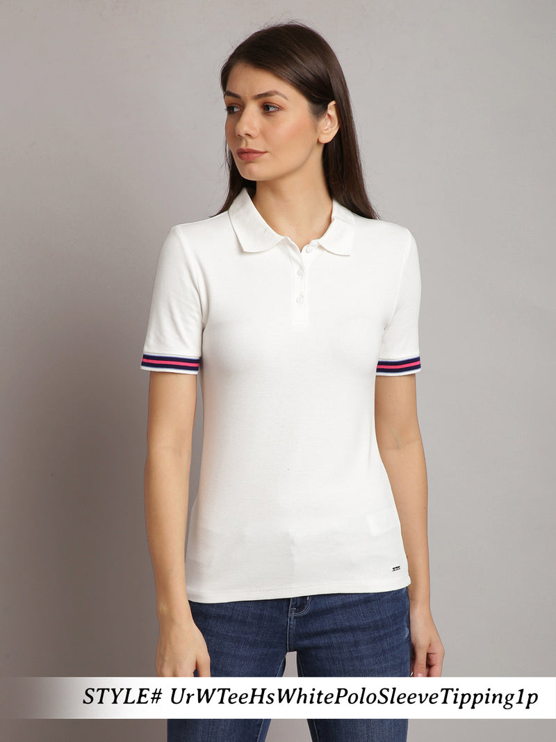 Women White Solid Polo Neck T-Shirt