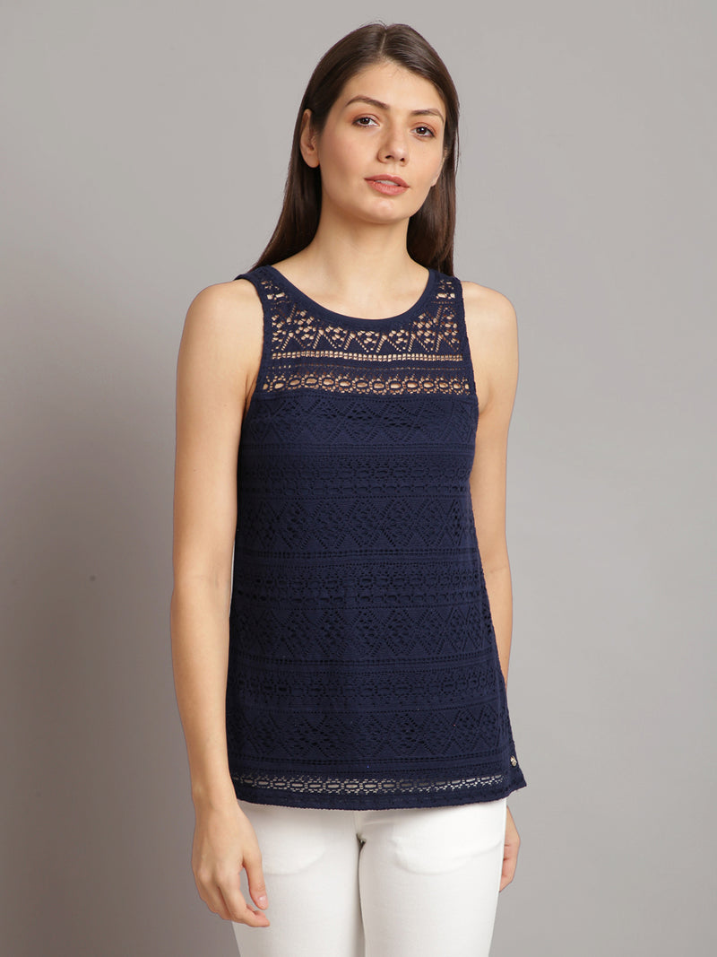 Women Navy Blue Solid Sleeveless Lace Top