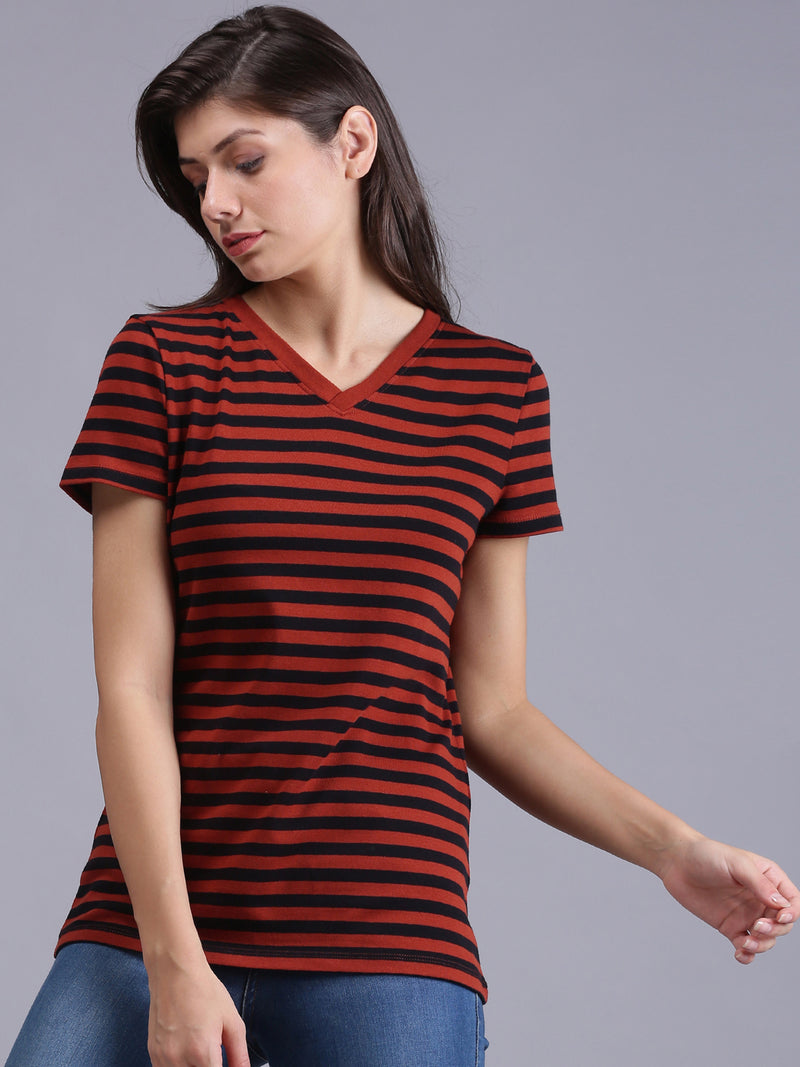Women Maroon Striped V-Neck T-Shirt